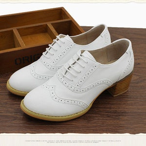 Women Leather Shoes, Leather 5cm Heel Oxfords Shoes, Closed Shoes, White Shoes, Handmade Shoes,Brock Shoes,customized shoes