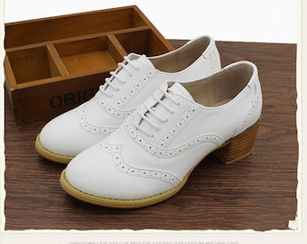 Women Leather Shoes, Leather 5cm Heel Oxfords Shoes, Closed Shoes, White Shoes, Handmade Shoes,Brock Shoes,customized shoes