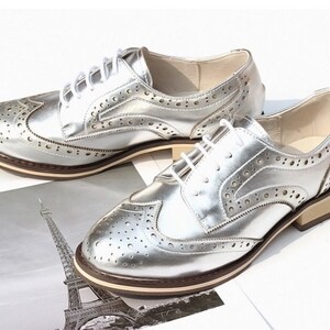 Women Leather Shoes, Leather Flat Oxfords Shoes, Closed Shoes, Brown Shoes, Handmade Shoes,Brock Shoes,customized shoes,Pink/Silver Shoes Silver