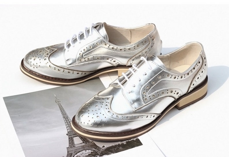 Women Leather Shoes, Leather Flat Oxfords Shoes, Closed Shoes, Brown Shoes, Handmade Shoes,Brock Shoes,customized shoes,Pink/Silver Shoes Silver