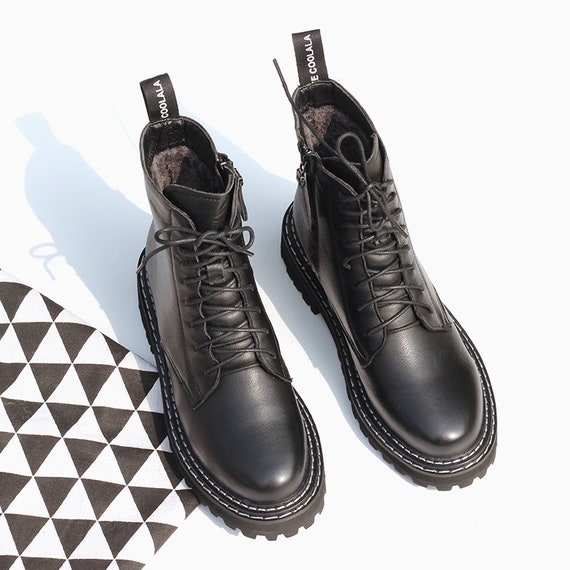 Handmade Black Martin Boots Female Flat Short Boots,lace up Ankle