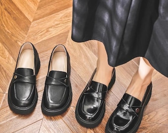 ¡Nuevo estilo! Zapatos de piel auténtica hechos a mano para mujer, zapatos de tacón de 4,7 cm de grosor, mocasines negros, zapatos sin cordones, zapatos Mary Jane para niñas, zapatos negros