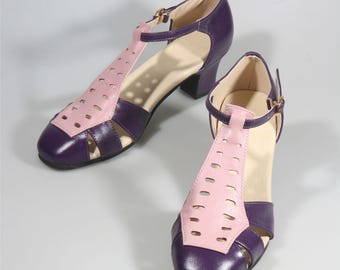 Vintage Inspired  Genuine Leather Shoes for Women, Purple Mary Jane Shoes, T-Strap Shoes,50s Shoes, Daily Shoes,Swing Dancing  Shoes