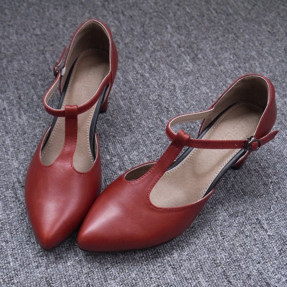 Handmade Women Red Leather T belt Retro ShoesT-single shoes | Etsy