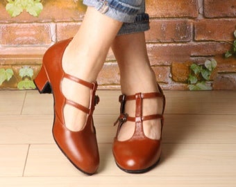 Customizable Handmade Women Brown Leather Sandals,square heels shoes,female T-Strap Heels,Oxford Pump Shoes,Mary Jane Shoes,Heel Sandals