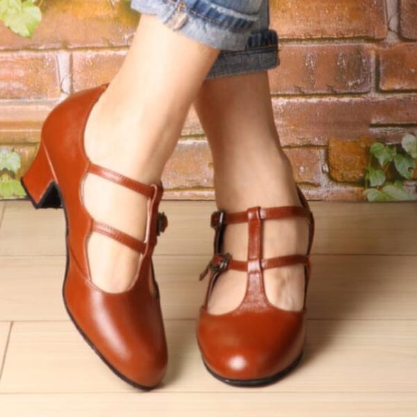 Customizable Handmade Women Brown Leather Sandals,square heels shoes,female T-Strap Heels,Oxford Pump Shoes,Mary Jane Shoes,Heel Sandals