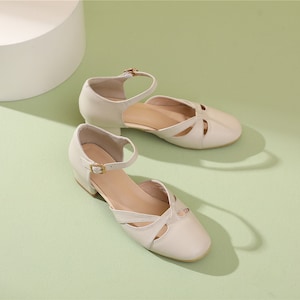 Handmade Genuine Leather Women's 4cm Heel Sandals,Thick Heel Sandals,Casual Leather Shoes,Women Summer Comfortable Shoes Beige
