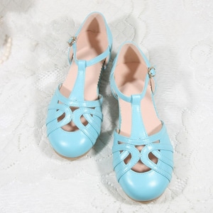 Customizable Women Blue Flat Leather Shoes,Round Toe shoes,female T-Strap Heels,Mary Jane Shoes,Summer Shoes,Sandals,Dancing Shoes