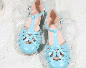 Customizable Women Blue Flat Leather Shoes,Round Toe shoes,female T-Strap Heels,Mary Jane Shoes,Summer Shoes,Sandals,Dancing Shoes