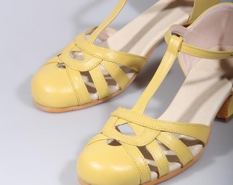 Scarpe da donna personalizzabili in pelle gialla da 5 cm, scarpe con punta tonda, tacchi a T da donna, scarpe Mary Jane, scarpe estive, sandali, scarpe da ballo