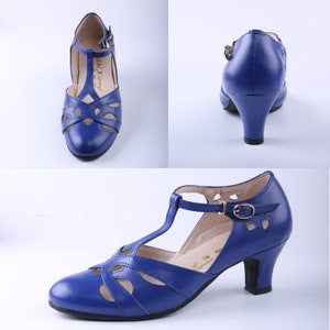 Customizable Women T-Strap Leather Shoes,Gold Color Swing shoes,Female Oxford Dancing Shoes,Mary Jane Shoes,5cm Heel Shoes,Summer Shoes Blue