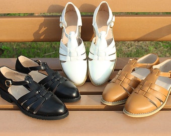 Sandales femme personnalisables, Sandales à bretelles en cuir plat pour femmes faites à la main, sandales confortables, chaussures T-Strap femmes, chaussures Oxford, chaussures Mary Jane