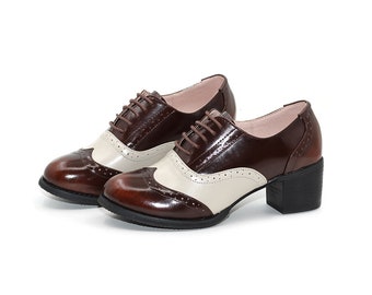 Handgemaakte dames retro bruinleren schoenen, Oxfords schoenen met halfhoge hak van 5 cm, gesloten schoenen, schoenen met dikke hak, damesschoenen, op maat gemaakte schoenen, vrijetijdsschoenen