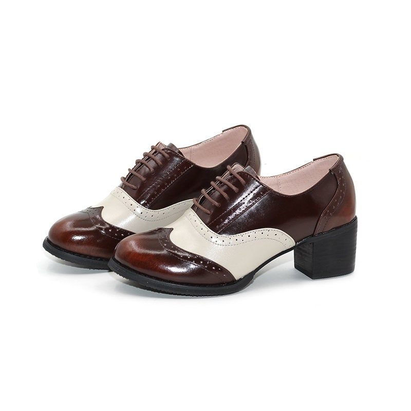 Amtopiyo Women's Vintage Oxford Brogues - Mid Block Heel PU Leather Dress Shoes