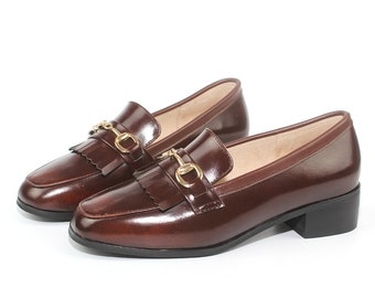 Handmade Genuine leather Loafers,Mid-heel Thick-heel Shoes,British style leather shoes large size retro shoes tassel Loafers Slip ons