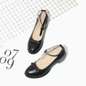 New Handmade Retro 5cm Mid-heel Shoes,Genuine Leather Women's Buckle Belt Shoes with bowknot,Thick Heel Women's shoes,British college style Black