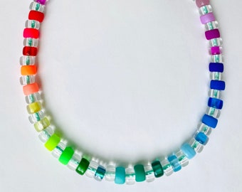 Rainbow Glass Pony Bead Necklace