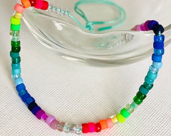 Neon Rainbow Glass Pony Bead Necklace!!