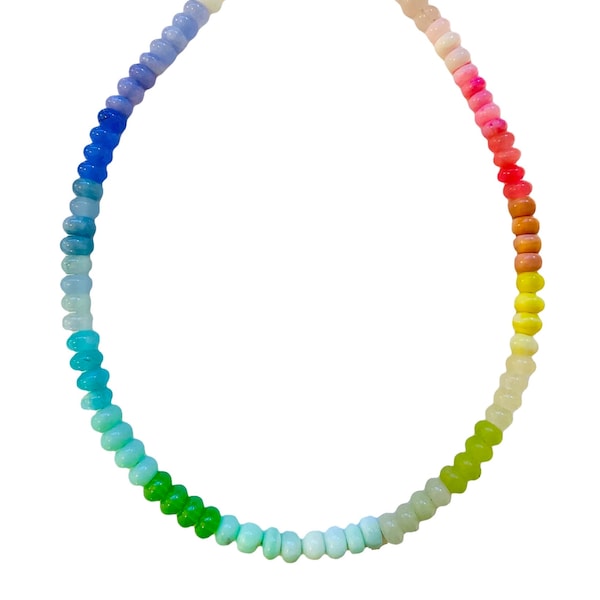 Rainbow Opal Gemstone Smooth Rondelle Candy Necklace with a Gold Carabiner Clasp