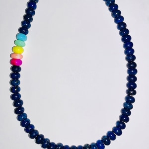 Lapis Lazuli Smooth Rondelle Candy Necklace with Rainbow Opals and a Gold Carabiner Clasp