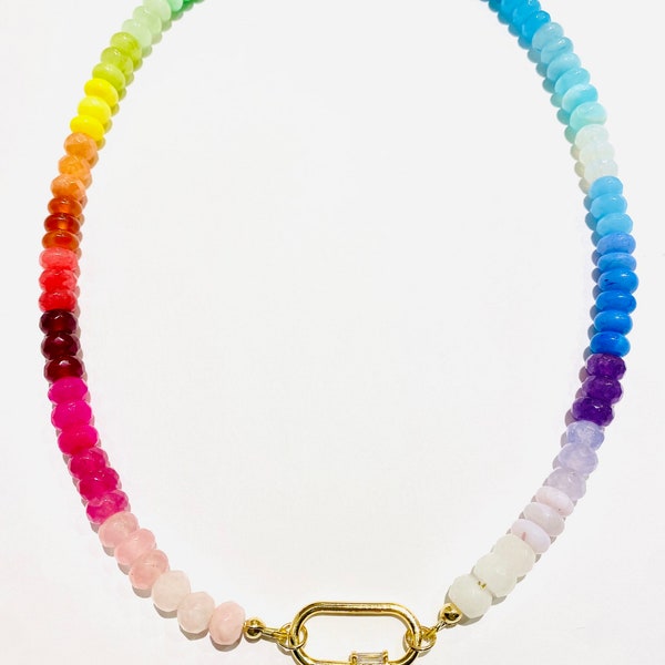 Rainbow Jade, Quartz and Opal Gemstone Candy Necklace with a Cubic Zirconia and Gold Carabiner Clasp