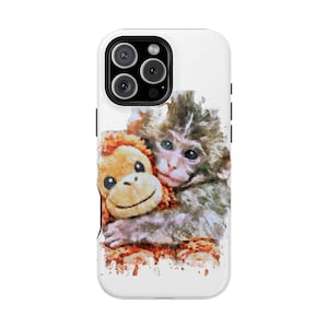 May include: White phone case featuring a watercolor illustration of a monkey hugging a stuffed monkey. The artwork showcases shades of brown, orange, and gray, creating a playful and heartwarming design. The case has a glossy finish and a camera cutout.