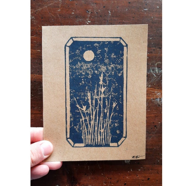 Moonlit Window Grasses Art Nouveau Hand-Printed Original Linocut Greeting Cards