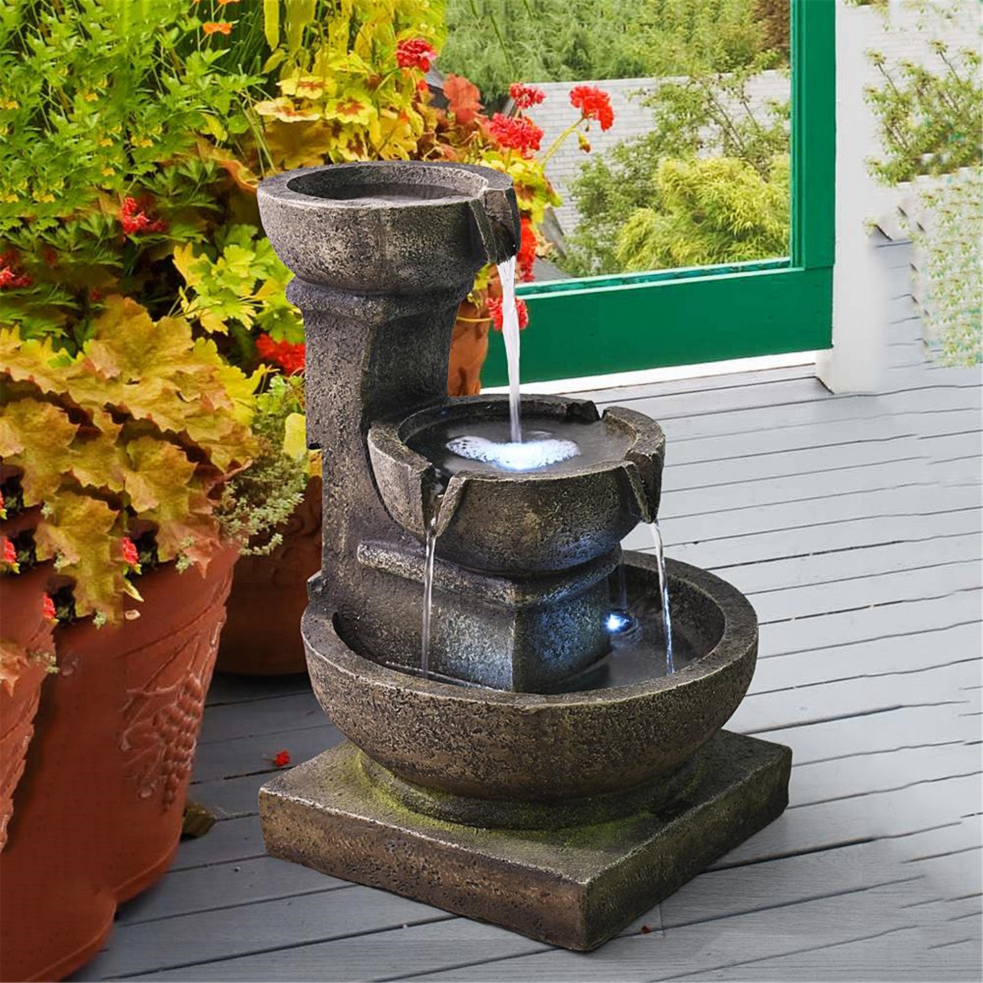 Outdoor Water Fountain with LED Light - Zen Relaxing Soothing Weatherproof Bowl Meditation Waterfall Fountain for Garden, Patio, Yard Decor