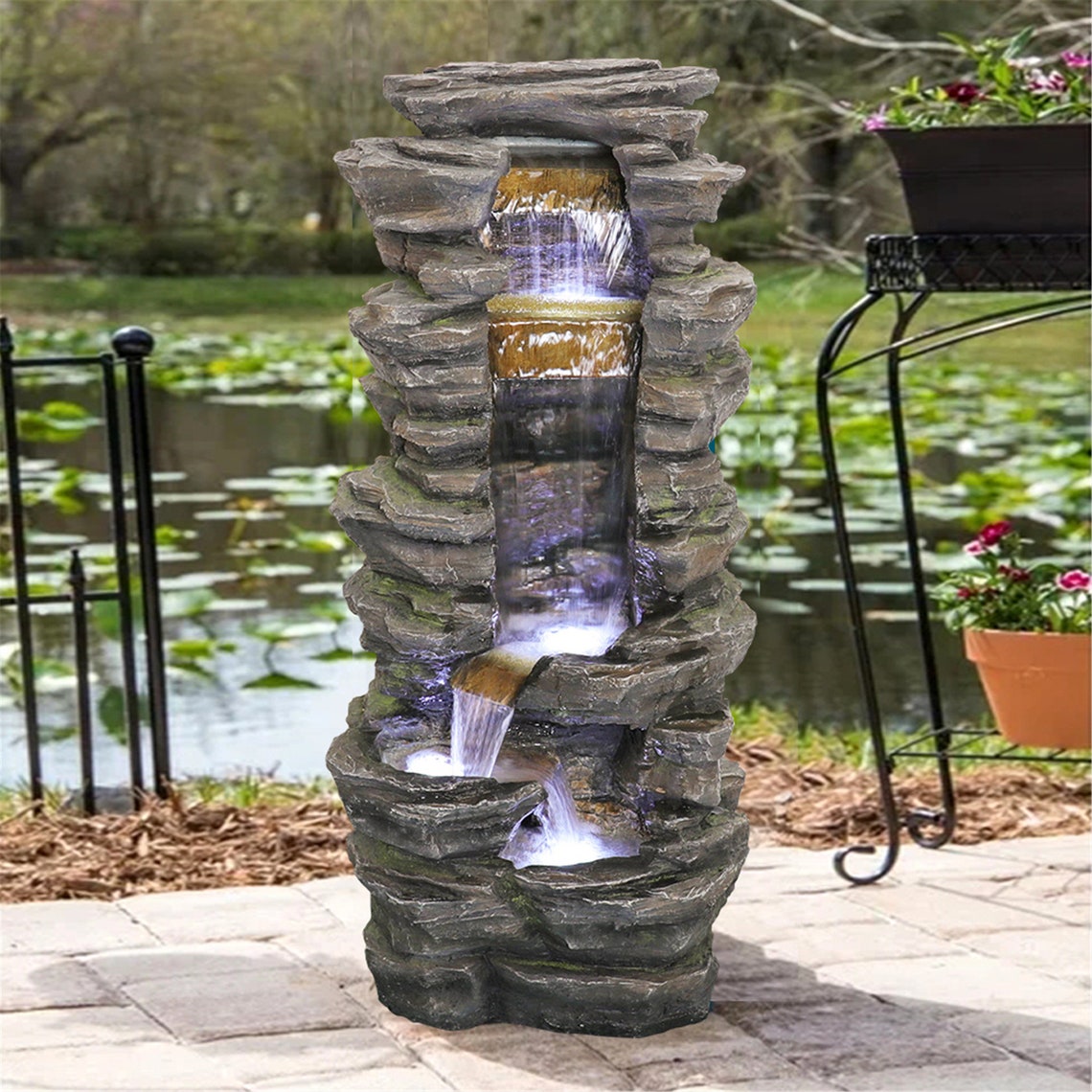 Outdoor Water Fountain with LED Lights Water Feature for Etsy