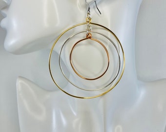 Tricolor Hoop Earrings - Gold, Silver & Copper Rings