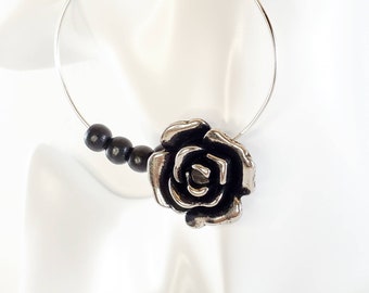 Black and Silver Rosette Hoop Earrings by Handy Girl Crafts