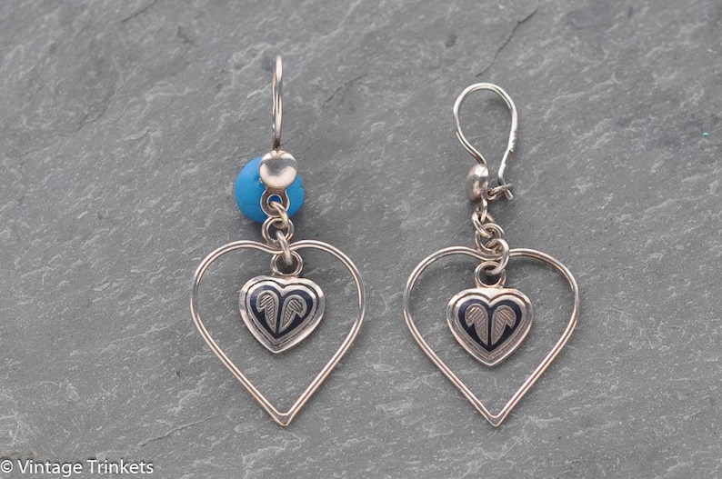 Vintage Soviet Russian 875 silver niello heart-shape dangle earrings