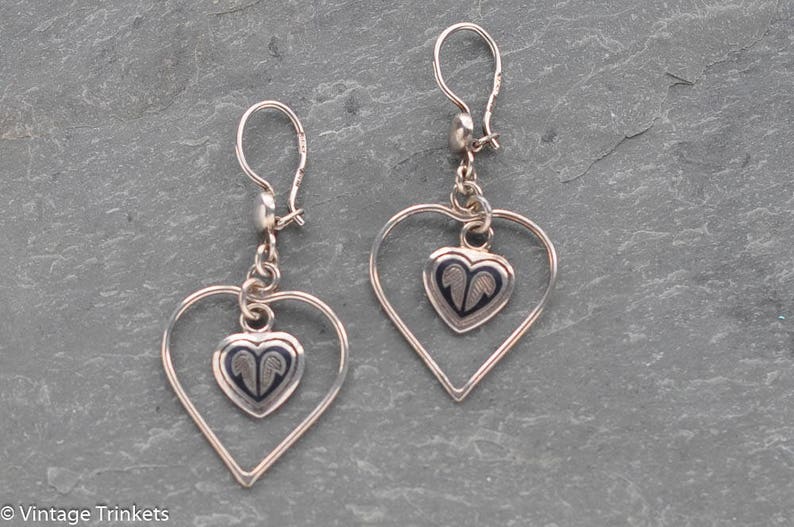 Vintage Soviet Russian 875 silver niello heart-shape dangle earrings