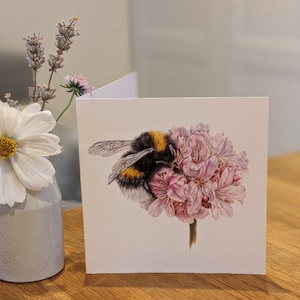 Hommelkaart / Lege kaart Sea Thrift / Bee-wenskaart / Bee illustratie / Sea Pink Botanical Card / Bee Card / Sea Pinks