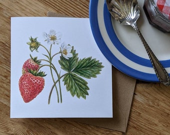 Strawberry Card / Strawberry Plant / Strawberry flower Card / Strawberry Botanical illustration / Blank FSC Card with Recycled envelope