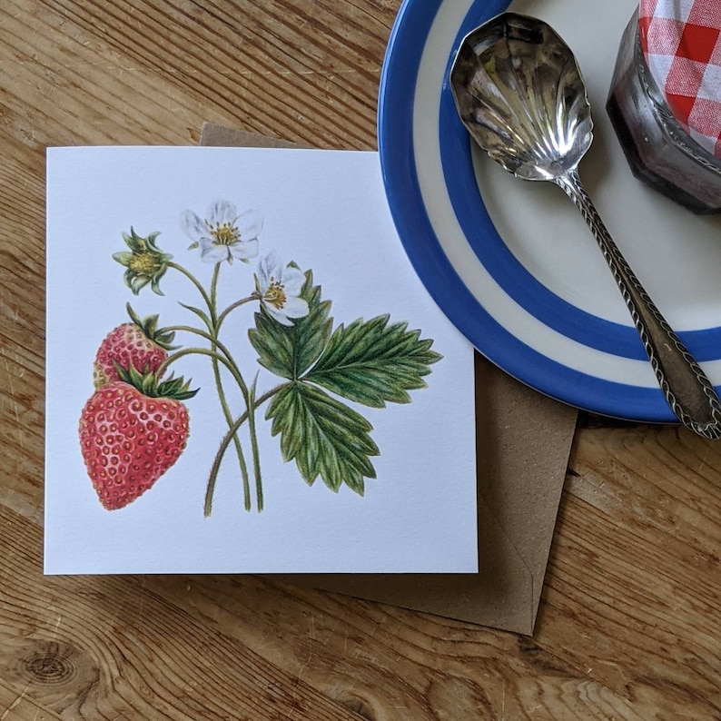 Strawberry Card / Strawberry Plant / Strawberry flower Card / Strawberry Botanical illustration / Blank FSC Card with Recycled envelope image 1