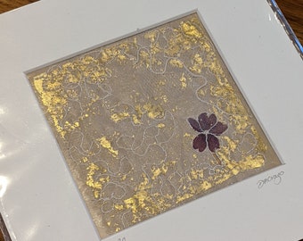 Unique pressed flower and gold leaf textile artwork / Original artwork / Valentine Gift