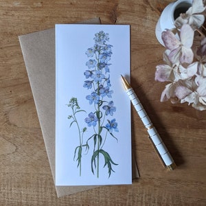 Cartão Delphinium / Cartão de flor botânica Delphinium / Cartão em branco / Delphinium azul / Ilustração botânica / Cartão floral / Deborah Crago