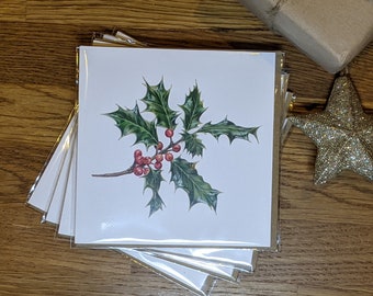 Holly Christmas cards - Pack of 4 botanical cards with charity donation / Charity Christmas Card / Winter Greeting Card