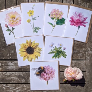 Zomerbloemenkaartselectie / Set van 7 bloemenkaarten / Zomerbloeiende botanische kaarten / Zomerbotanisch kaartenpakket / Seizoenskaartenpakket