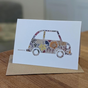 Cartão de carro / Carro novo / Novo motorista / Cartão automotivo / Carro bonito / Wahoo / Cartão de flor prensada / Cartão floral / Carro floral / Cartão de felicitações em branco FSC