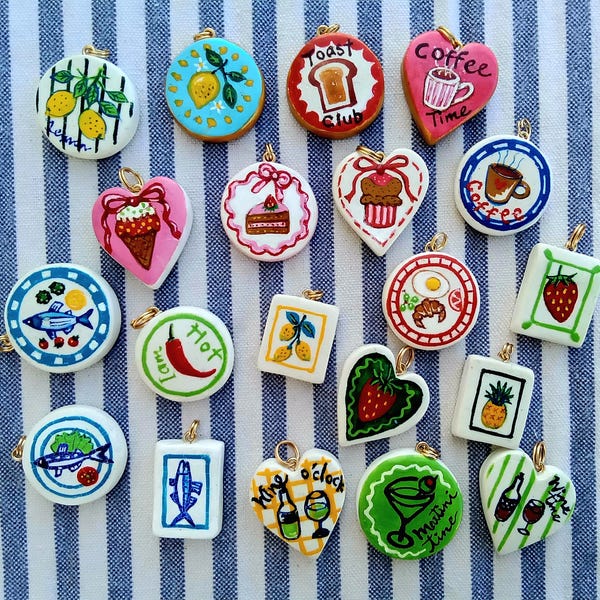 Hand painted Both sides! Clay charms - Seafood, Fruits, Coffee, Sweets & Drinks