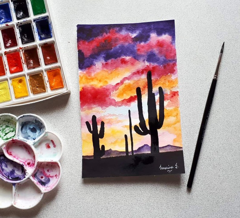 Sunset cactus watercolor painting desert cactus original | Etsy