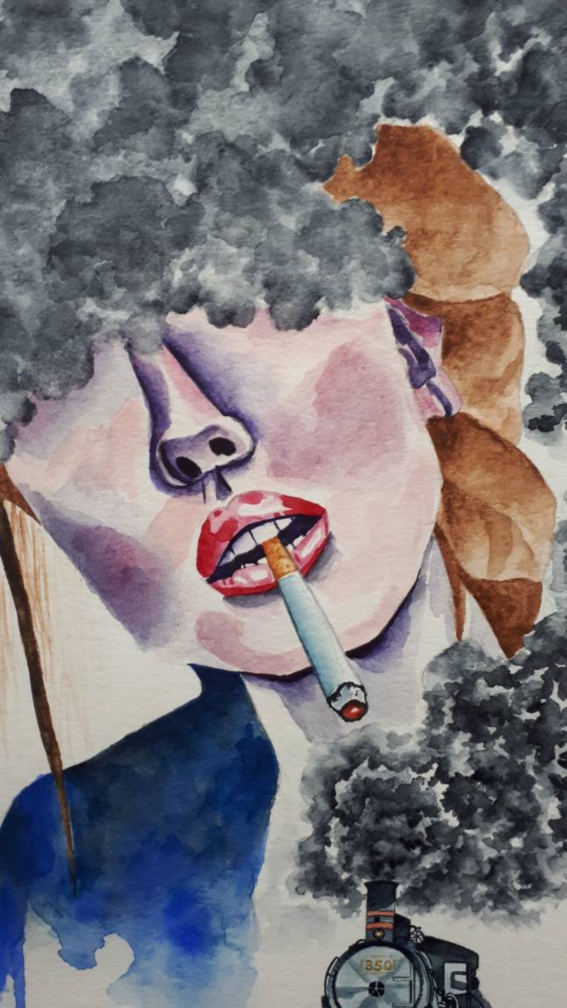 Girl Smoking Portrait Watercolor Painting ORIGINAL Steam Etsy