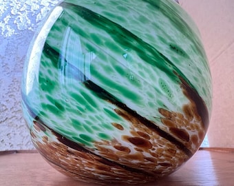 Vintage Hand Blown Spatter Glass Sphere Vase in Green Brown and White Swirl