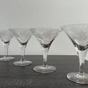 Vintage Etched Fuchsia Martini Glasses | Set of 5 + Bonus  | Dorothy Thorpe Style Mid-Century Stemware | Elegant Barware Cocktail Glass Set