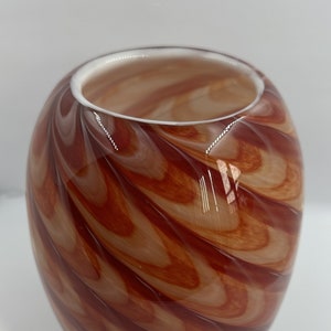 Beautiful Hand Blown Art Glass Vase in Red Orange and White Swirl