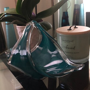 Authentic Murano Sommerso Art Glass Basket Vase – Teal & Clear Freeform Handblown Italy Mid Century Modern Decor