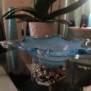 Vintage Murano Star-Shaped Glass Bowl on Metal Base – Creazioni Italy Centerpiece – Mid Century Modern Decorative Fruit Dish