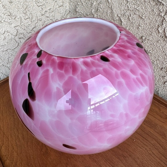 Rare Vintage Hand-Blown Art Glass Spatter Vase in Pink, Brown & White - Sphere Shape, Pontil Mark, 7" Height